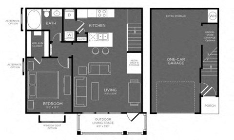 Floor plan for 1 bed, 1 bath, 806 sqft